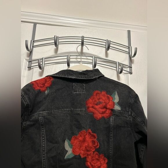American Eagle Women's XS Embroidered Floral Long Denim Jean Jacket Black rose - Picture 5 of 16